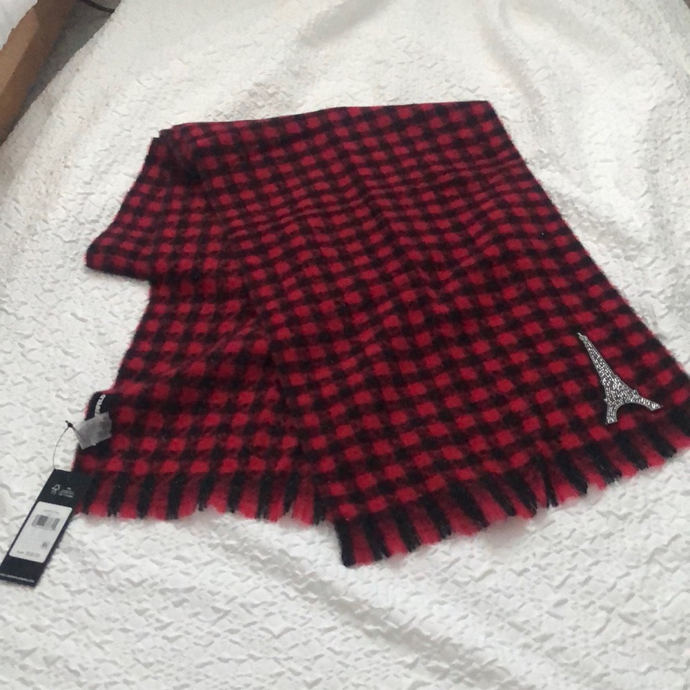 Karl Lagerfeld Crimson & Black Plaid Rectangular Scarf Eiffel Tower Patch NWT